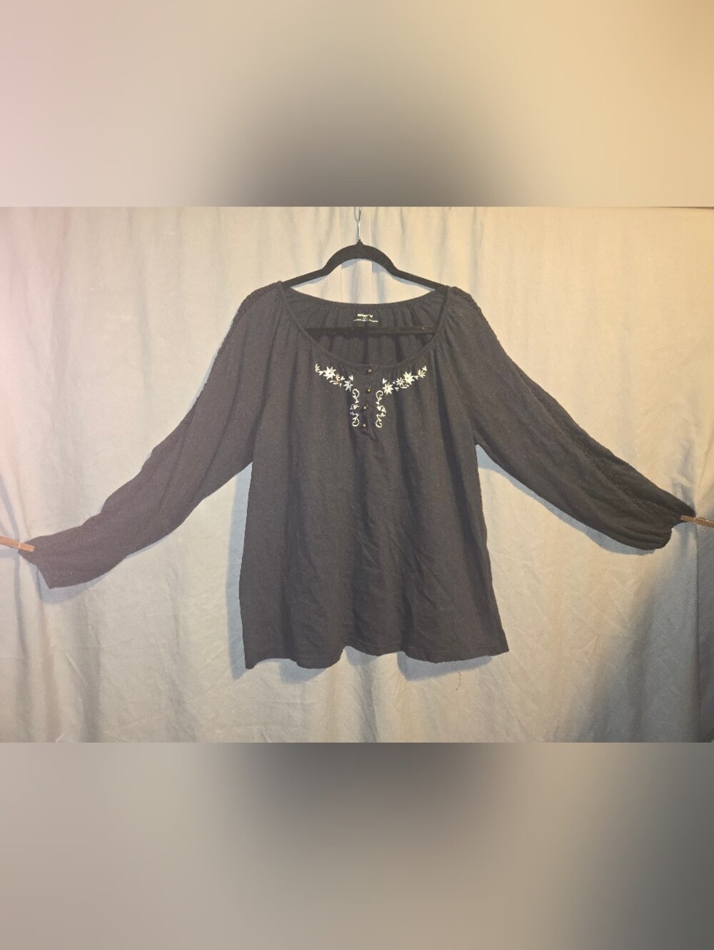 Black Embroidered Long-Sleeve Peasant Top